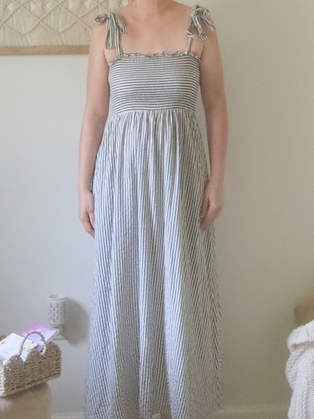 Miou Muse Maxi Dress Grey & White Striped. Smocked Top. Size M.